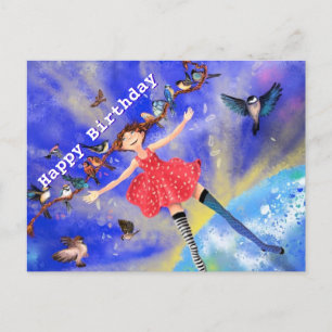 Happy Girl with Birds Birthday Card