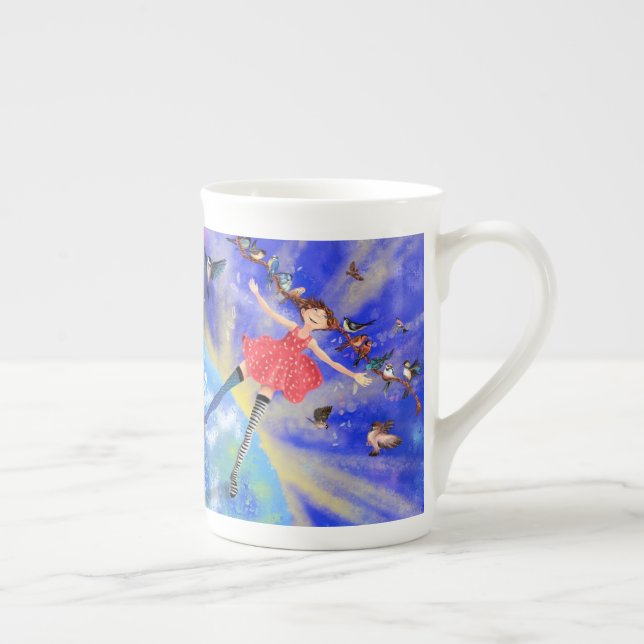 Happy Girl with Birds Bone China Mug (Right)