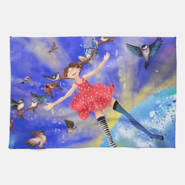 Happy Girl with Birds - Happines - Joy Tea Towel (Horizontal)