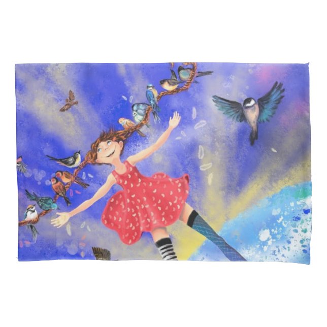 Happy Girl with Birds - Happines Pillowcase (Front)