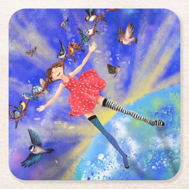 Happy Girl with Birds Paper Coaster (Front)