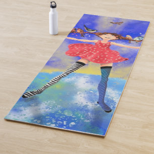Happy Girl with Birds Yoga Mat