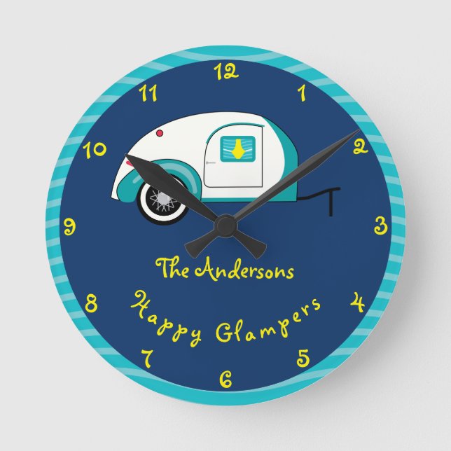 Happy Glamper Aquamarine Vintage Teardrop Trailer Round Clock (Front)
