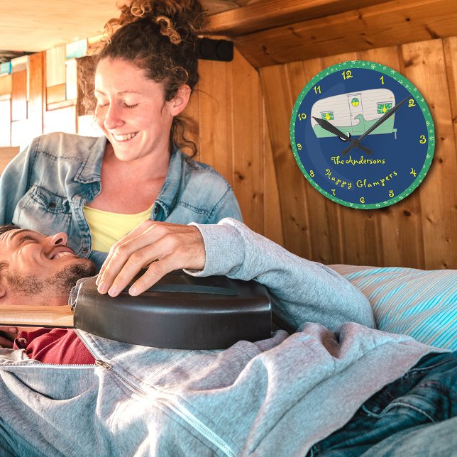 Happy Glamper Green Vintage Canned Ham Trailer Round Clock (Creator Uploaded)