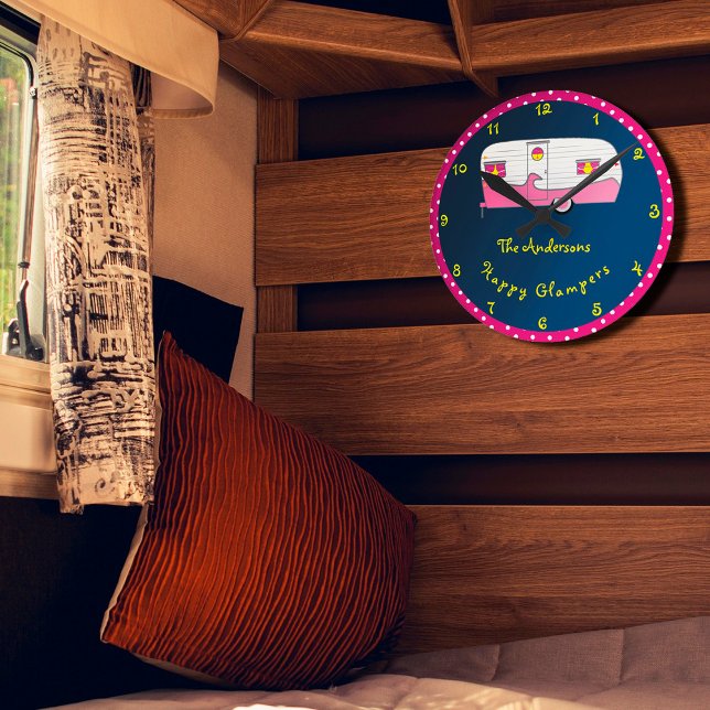 Happy Glamper Pink Vintage Canned Ham Trailer Round Clock (Creator Uploaded)