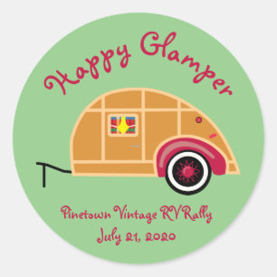 Happy Glamper Woodie Vintage Teardrop Trailer Classic Round Sticker