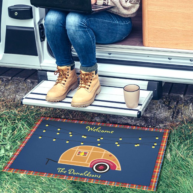 Happy Glamper Woodie Vintage Teardrop Trailer Doormat (Creator Uploaded)