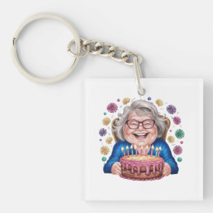 Happy Glasses Granny Bday Graphic Key Ring