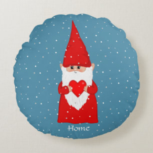 Happy Gnome & Heart on Sapphire Blue Round Cushion