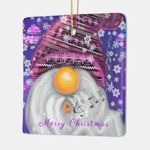 Happy Gnome In Purple Hat Sings A Christmas Song  Ceramic Ornament