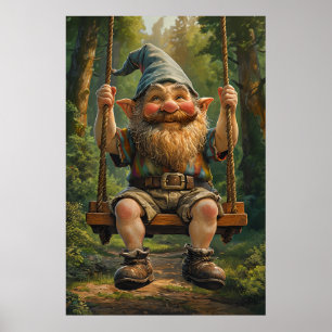 Happy Gnome on Swing – Whimsical Forest Poster