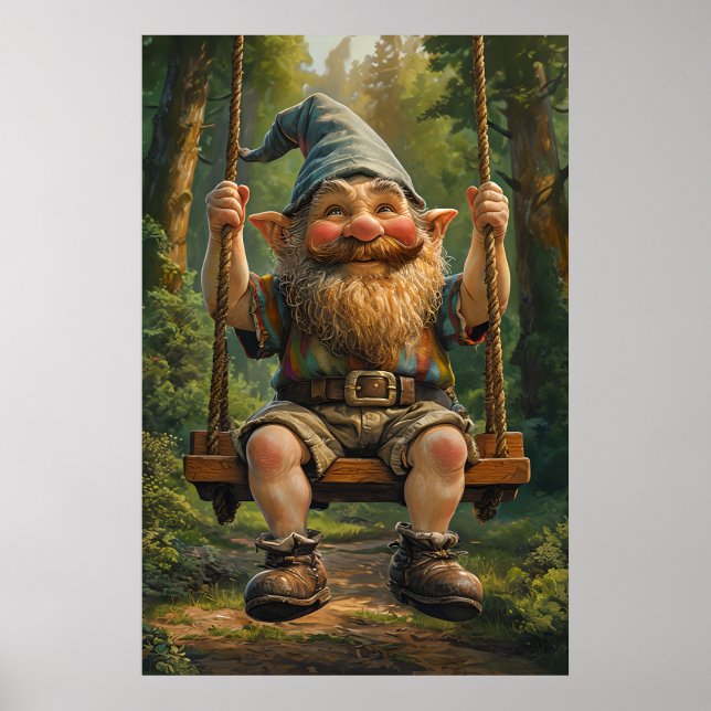 Happy Gnome on Swing – Whimsical Forest Poster (Front)