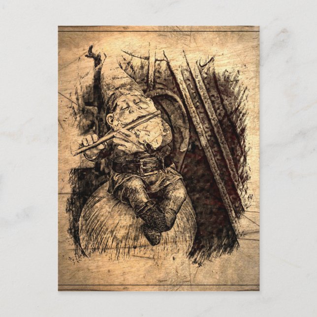 Happy Gnome sitting on a Mushroom playing a flute. Postcard (Front)