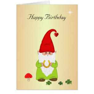 Happy Gnome with Horseshoe on Golden Birthday Card