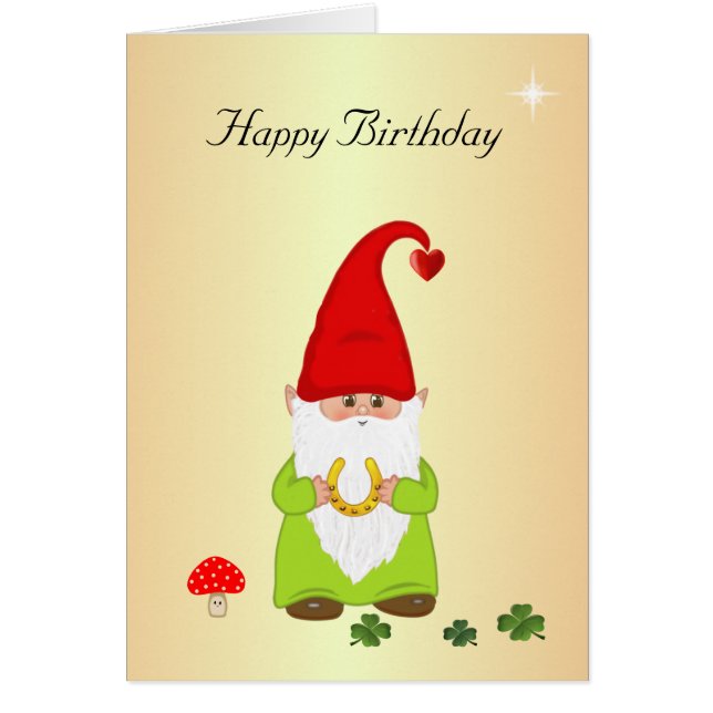 Happy Gnome with Horseshoe on Golden Birthday Card (Front)