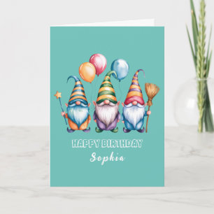 Happy gnomes with balloons and magic wand card