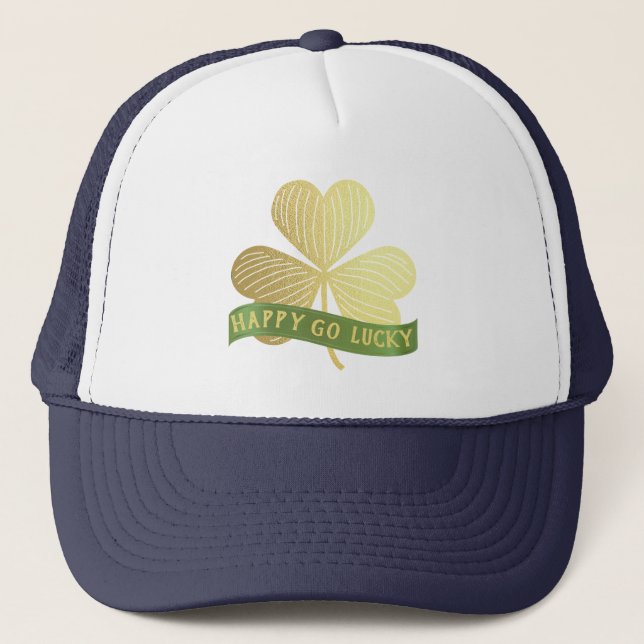 Happy Go Lucky Gold Shamrock St Patrick's Day  Trucker Hat (Front)