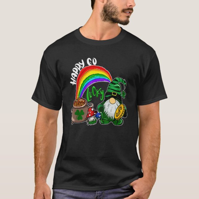Happy Go Lucky Rainbow Gnome Shamrock Funny St Pat T-Shirt (Front)