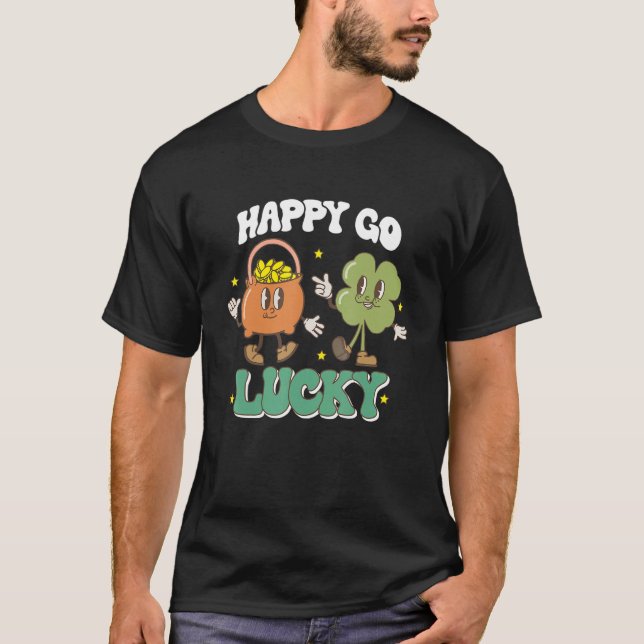 Happy Go Lucky Retro St Patricks Day Shamrock Pot  T-Shirt (Front)
