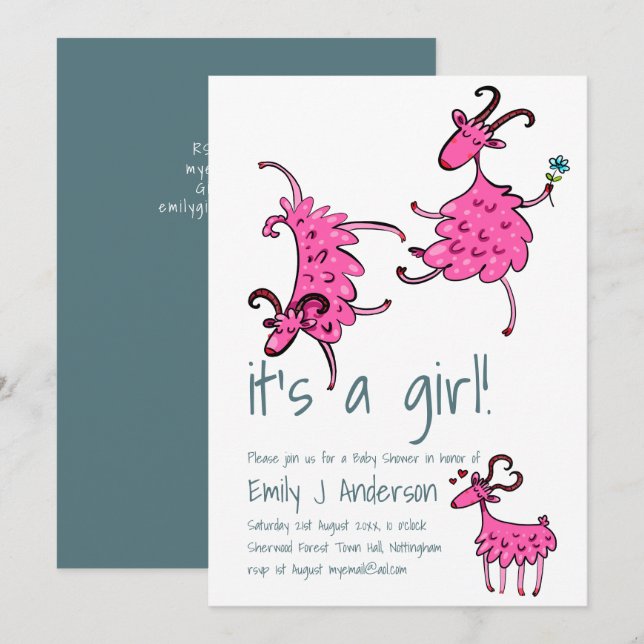 Happy GOAT Pink Baby Shower Handwritten Invitation (Front/Back)