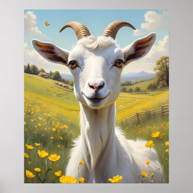 Happy Goat Vibrant Buttercup Meadow Poster (Front)