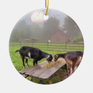 Happy Goats At Sunset Ceramic Ornament