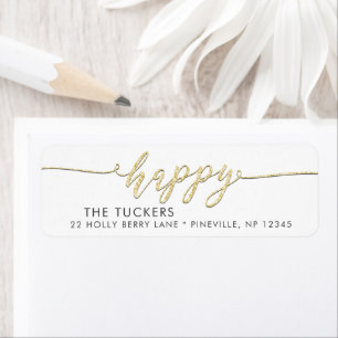 HAPPY Gold Glitter Script Holiday Return Address Return Address Label