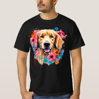 Happy Golden Retriever Colorful Floral Splash T-Shirt