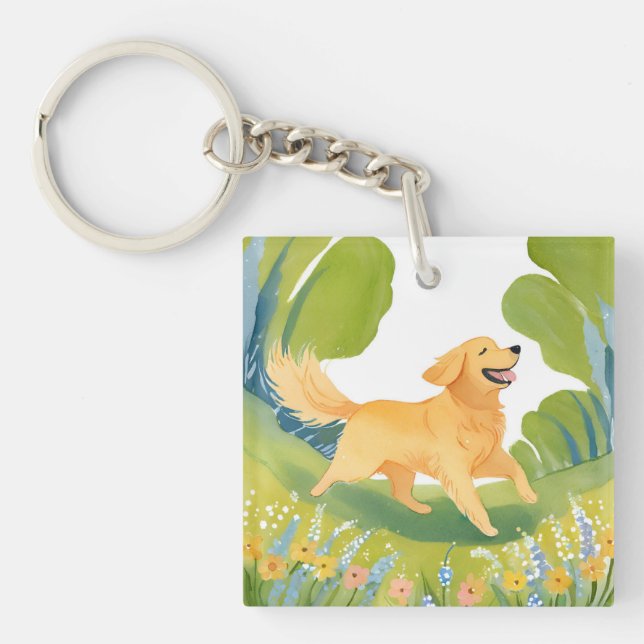 Happy Golden Retriever | Dog Watercolor Key Ring (Front)