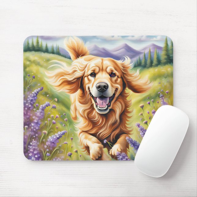 Happy Golden Retriever In Lavender Field Mouse Pad (With Mouse)