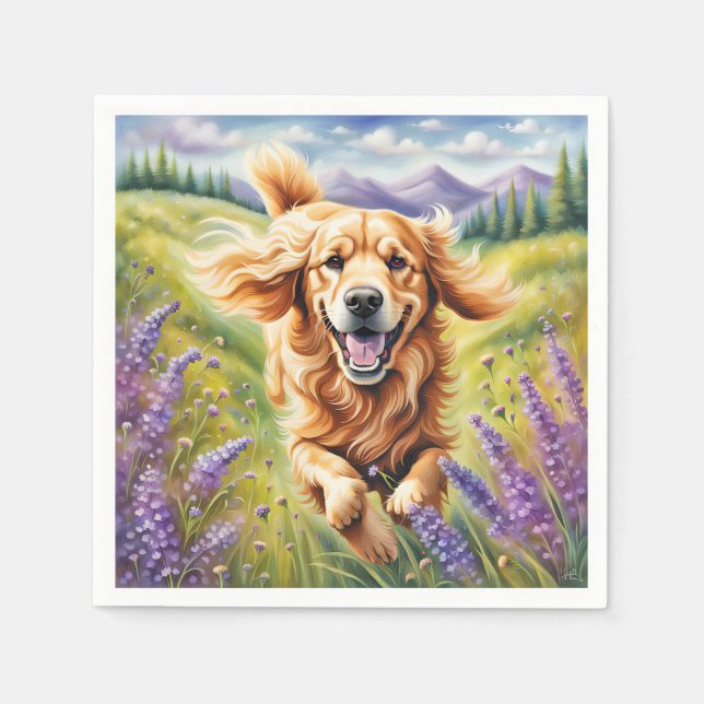 Happy Golden Retriever In Lavender Field Napkin (Front)