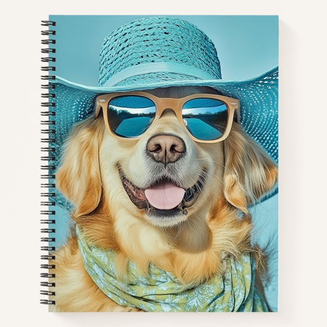Happy Golden Retriever in Sunglasses and Hat  Notebook (Front)