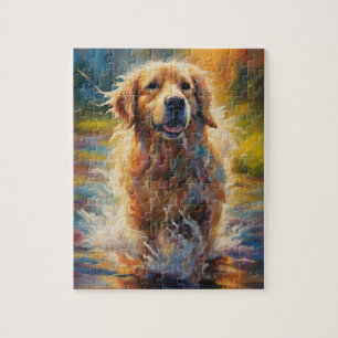 Happy Golden Retriever In Water Jigsaw Puzzle