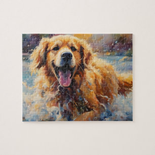 Happy Golden Retriever In Water Jigsaw Puzzle