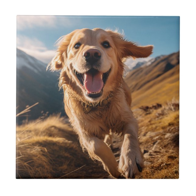 Happy Golden Retriever Running  Ceramic Tile (Front)