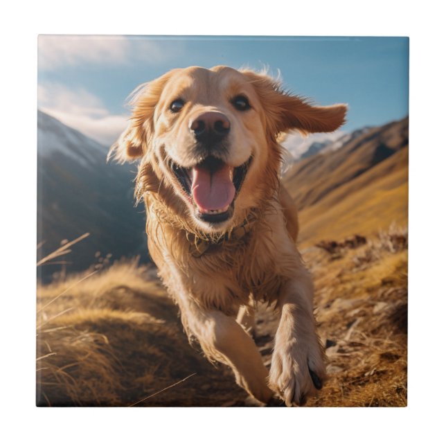 Happy Golden Retriever Running  Ceramic Tile (Front)