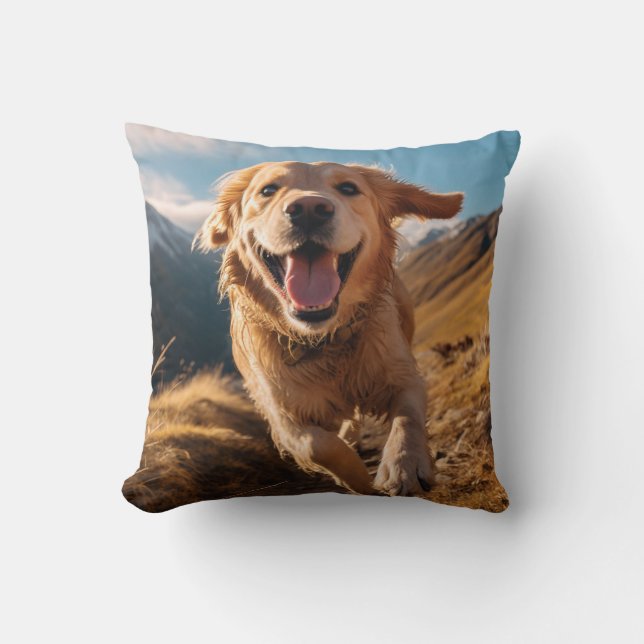 Happy Golden Retriever Running  Cushion (Front)