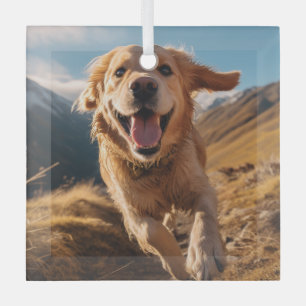 Happy Golden Retriever Running  Glass Tree Decoration