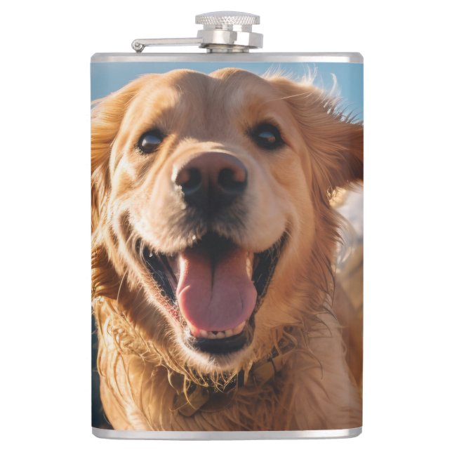 Happy Golden Retriever Running  Hip Flask (Front)