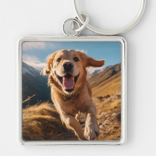 Happy Golden Retriever Running  Key Ring
