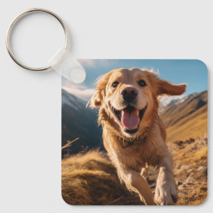 Happy Golden Retriever Running  Key Ring