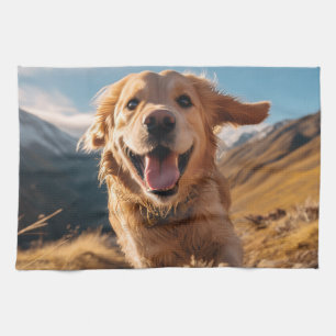 Happy Golden Retriever Running Tea Towel