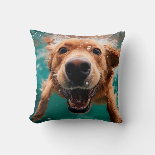 Happy Golden Retriever Swimming Underwater Cushion (Front)