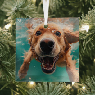 Happy Golden Retriever Swimming Underwater Glass Tree Decoration