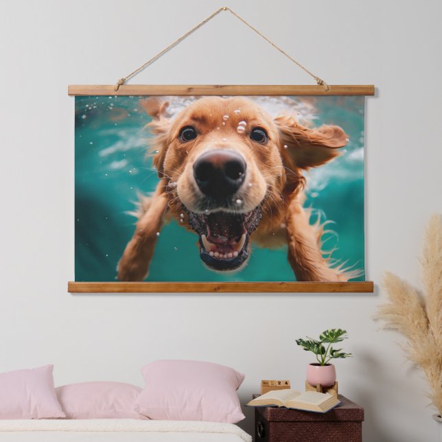 Happy Golden Retriever Swimming Underwater Hanging Tapestry (Bedroom)