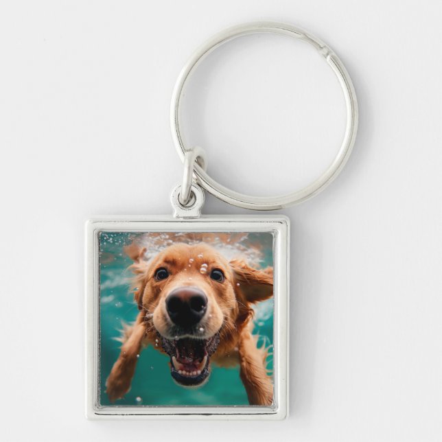 Happy Golden Retriever Swimming Underwater Key Ring (Front)