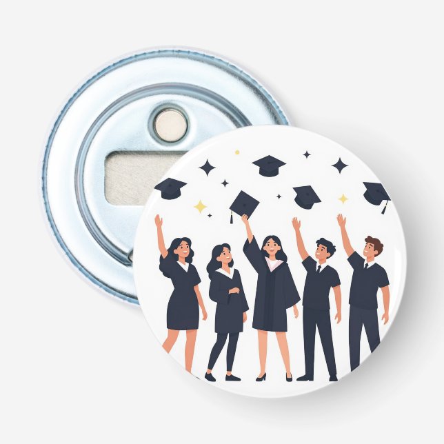 Happy Graduates Throwing Caps Celebration Bottle Opener (Front)