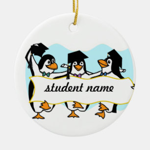 Happy Graduating Dancing Penguins w/Banner Ceramic Ornament