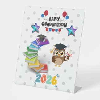 Happy Graduation 2026 - Cute Owl & Books  Pedestal Sign