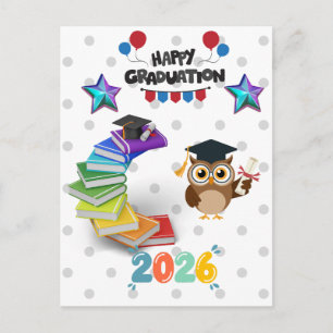 Happy Graduation 2026 - Cute Owl & Books Postcard